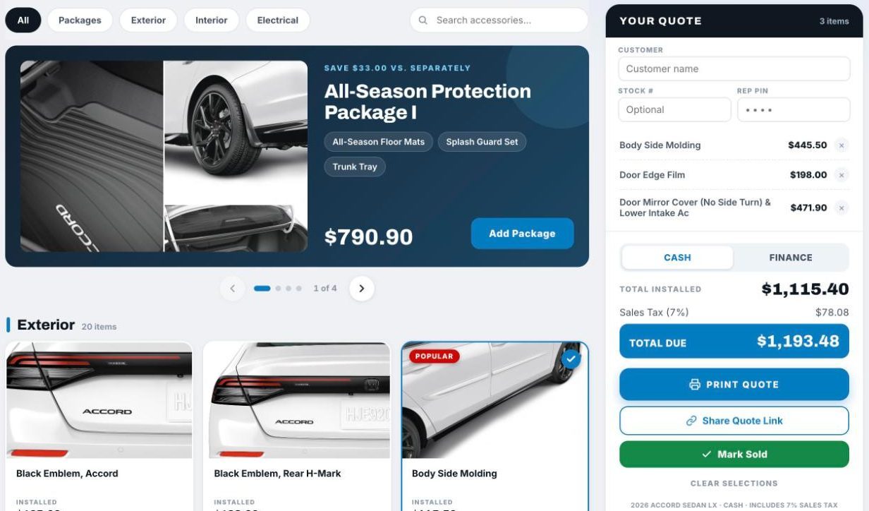 The accessory menu on an iPad: a protection package with photos and a $790.90 price, and a quote with three accessories totaling $1,115.40 installed, with Cash and Finance options and Print Quote and Mark Sold buttons.
